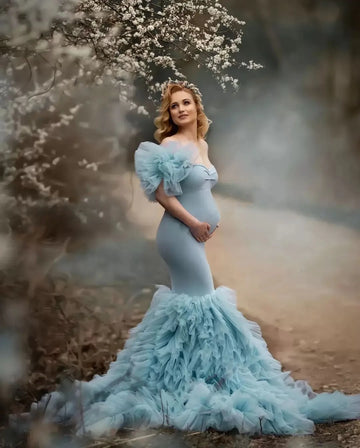 Mqtime Elegant Light Blue Mermaid Maternity Dress for Photoshoot Pregnant Women Photography Dresses Ruffled Tulle Baby Shower Gowns
